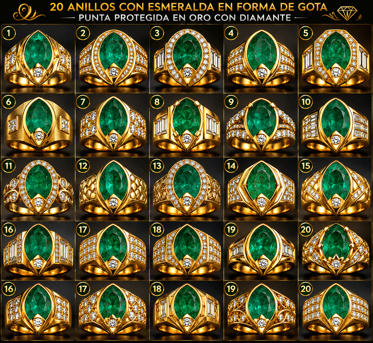 Anillos Oro Diamantes y Esmeralda Forma Gota