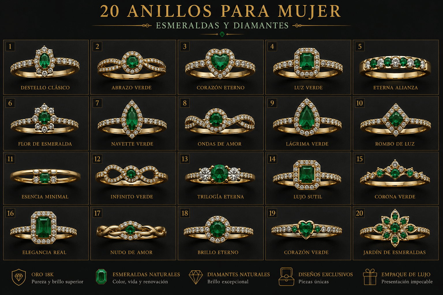 Catálogo 20 Anillos Mujer Esmeralda Destello Clásico Abrazo Segunda Colección