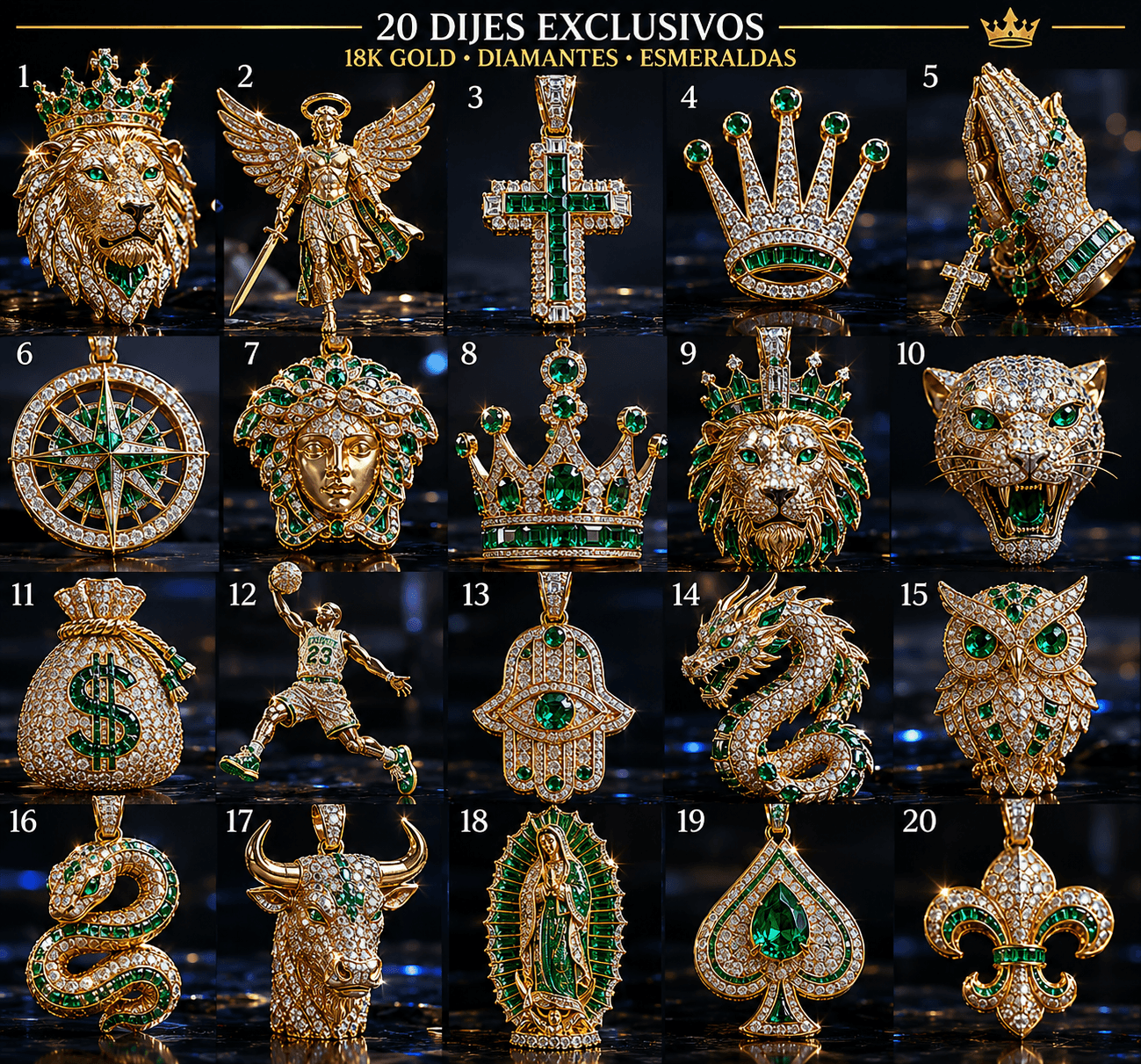 Catálogo 20 Dijes Exclusivos 18K León Crown Cruz Corazón Serpiente