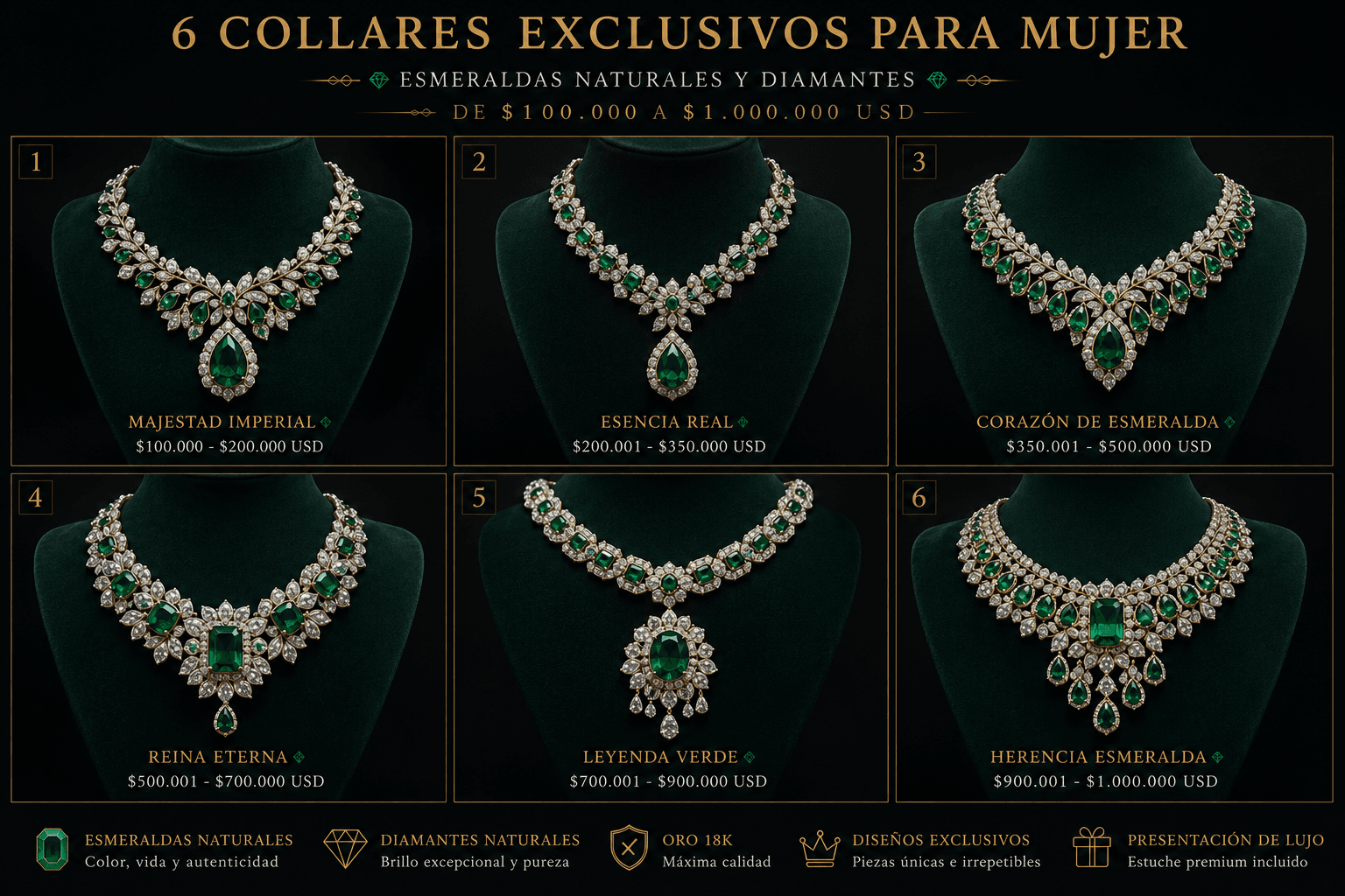 Catálogo 6 Collares Exclusivos Mujer Esmeralda Majestad Esencia Corazón