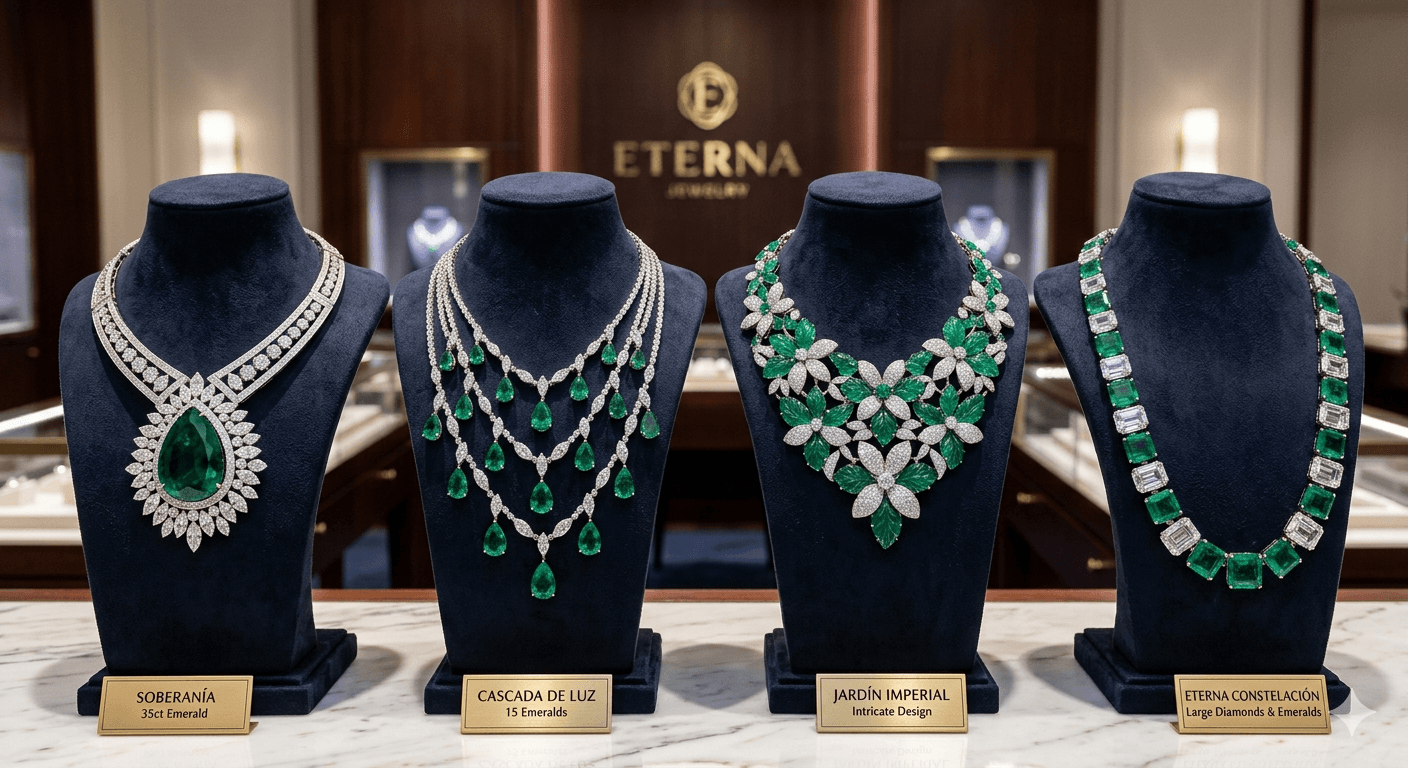 Vitrina Collares Largos Esmeralda Oro con Logo ETERNA